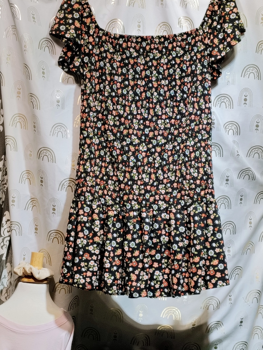 Smocked Black Floral Midi Dress with Ruffle Hem
